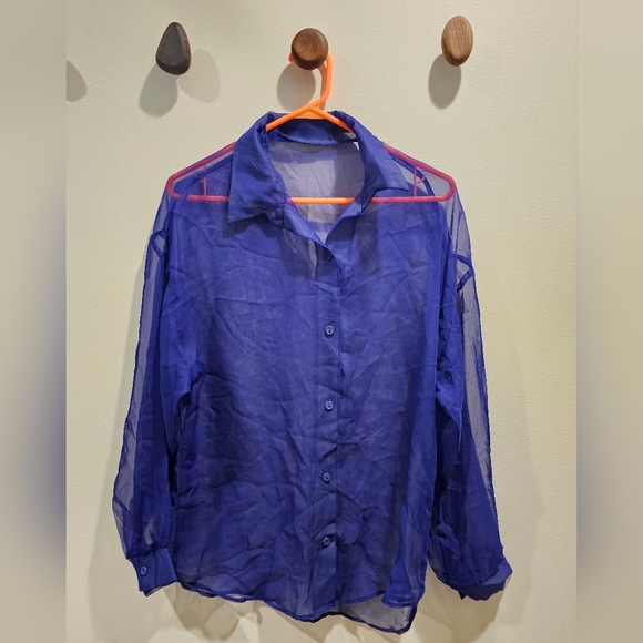 None Tops - Vintage Sheer Blue Button-Up Blouse